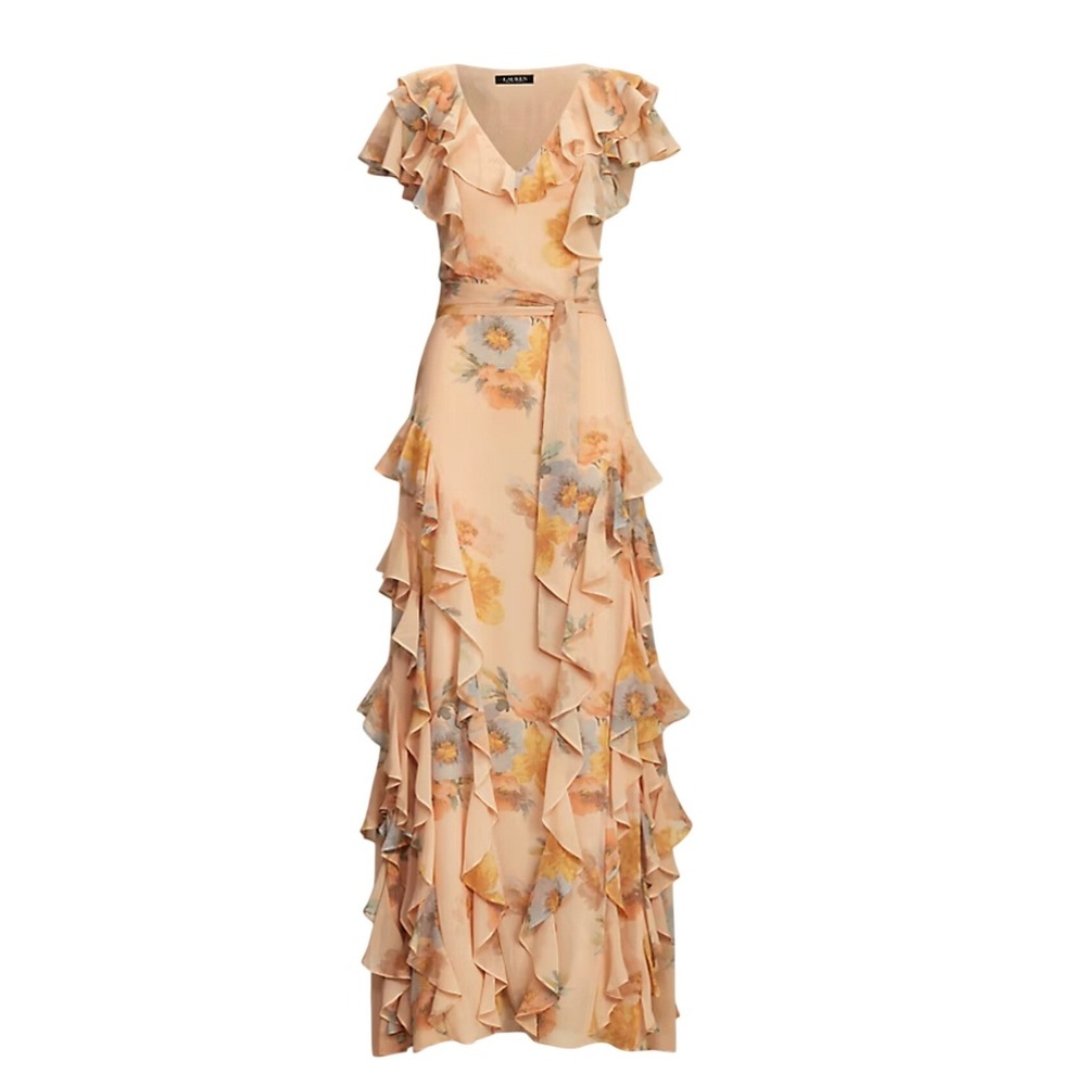 Lauren Ralph Lauren Peach Floral Ruffle Maxi Dress Flutter Sleeve Belted Gown